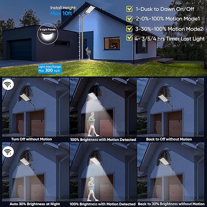 2 Pack Solar Street Light Outdoor 30000LM 6500K Waterproof Motion Sensor LED Solar Powered Flood Light with Remote Control Dusk to Dawn Commercial Area Lighting for Outside Parking Lot