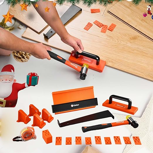 Saker Laminate Flooring Tools, 65-Piece Wood Flooring Installation Kit with 60 Flooring Spacers,Tapping Block with Handle, Pull Bar, 10”Contour Gauge, Rubber Mallet, Tape Measure