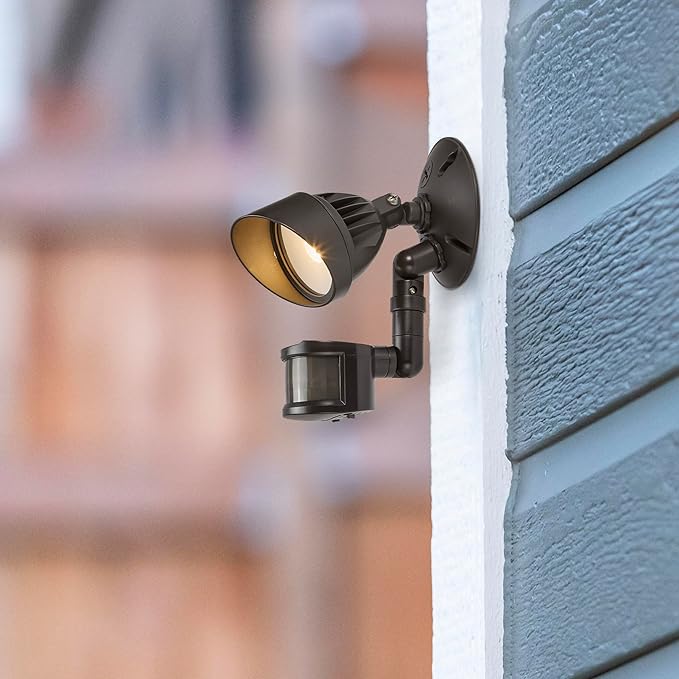 Maxxima LED Outdoor Flood Wall Light, Exterior Security Light with Adjustable Head, 800 Lumens, Featuring Motion Sensor and Dusk to Dawn Sensor, 3000K Warm White, Brown Fixture