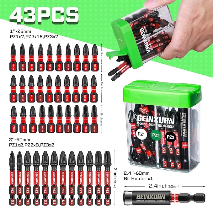 Impact Pozi Screwdriver Bits Set,43 Pcs Magnetic (PZ1/PZ2/PZ3) S2 Steel Multi Driver Bits Tips with Storage Colorful Box