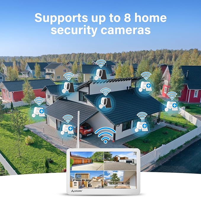 4MP Wireless Security Camera System with 10" LCD Monitor & 64G Card, Outdoor/Indoor WiFi Home Surveillance 24/7 Recording Motion Detection Color Night Vision Two-Way Voice Expandable 10CH