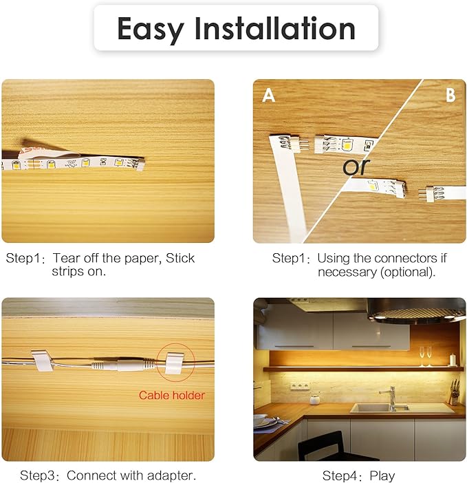 Under Cabinet LED Lighting kit, 6 PCS LED Strip Lights with Remote Control Dimmer and Adapter, Dimmable for Kitchen Cabinet,Counter,Shelf,TV Back,Showcase 2700K Warm White, Bright, Timing