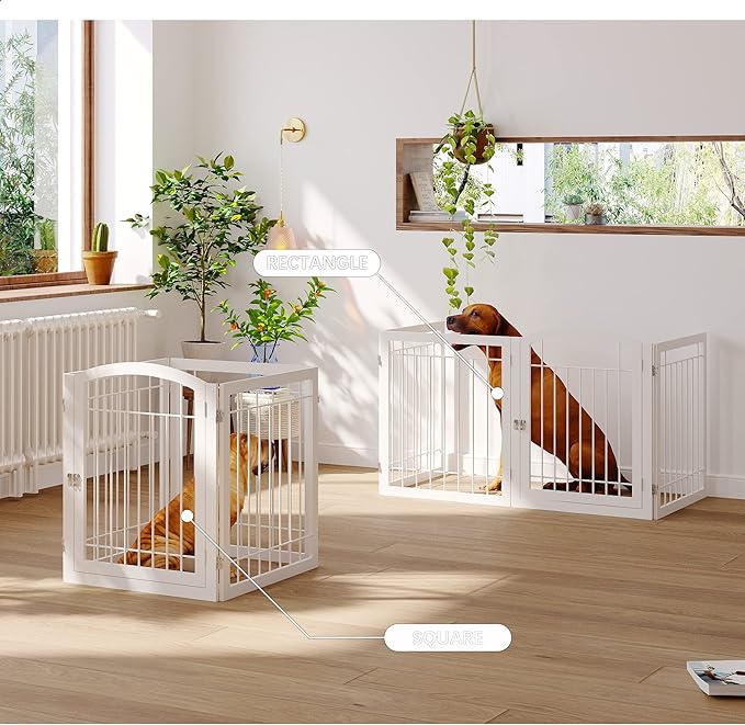 JSB 96-inch Extra Wide 30-inch Tall Dog gate with Door Walk Through, Freestanding Pet Gate for Halls, Stairs & Home, Pet Puppy Safety Dog Fence with 2PCS Support Feet (White)