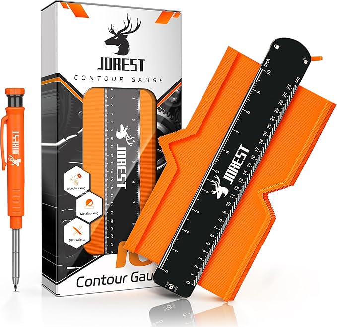 JOREST Contour Gauge Stocking Stuffers + Carpenter Pencil, Christmas Gift Ideas for Dad Men Husband Him, Profile Tool 10 Inch with Lock, Tile Flooring Woodworking, Measuring Shape Outline Edge Angle