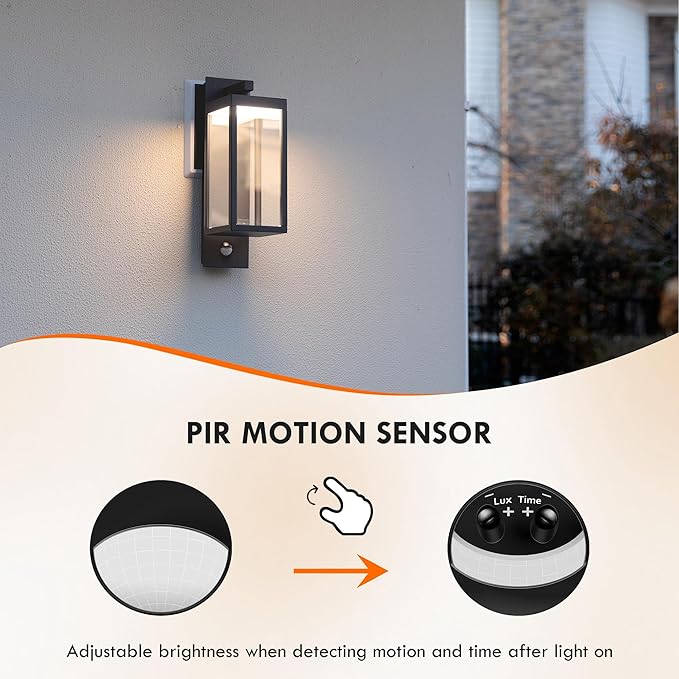 Motion Sensor Outdoor Wall Light, Modern Black Waterproof LED Exterior Sconce - Security Lighting Fixture for Porch Garage Garden Walkway Backyard