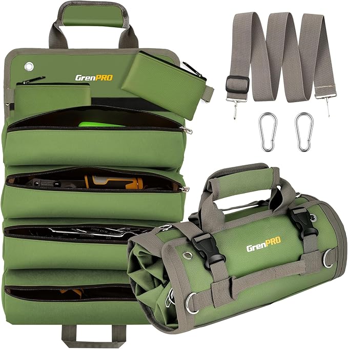 Roll Up Tool Bag With Detachable Pouches, Heavy Duty Organizer With 6 Pockets for Mechanics, Electricians, DIY, Gifts for Dad, Men Birthday Gift, Green