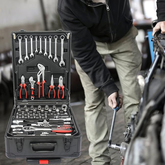 RYH 899pcs All-in-One Professional Tool Set & Rolling Tool Box Set - 4 Drawer Organizer Storage Case - Complete Home, Auto, Mechanic Tool Kit for DIY, Homeowner, Handyman Tool Set (Black)