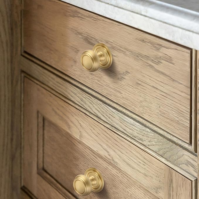5 Pack Brushed Gold Solid Brass Kitchen Cabinet Knobs, Drawer Pulls, 1.18 Inch 30mm Diameter, Modern Furniture Handles for Cupboard Wardrobe(Antique)
