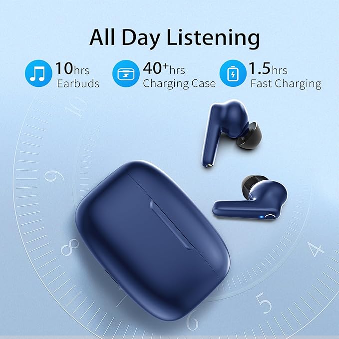 Wireless Ear Buds Bluetooth 5.3 60H Using Time Headphones Deep Bass Clear Call Earbuds with Built-in Mic Touch Control Lightweight Headsets for Studying Working Gaming Blue