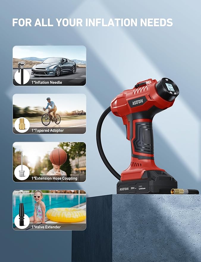 AstroAI C2 Cordless Tire Inflator Air Compressor 20V Rechargeable Battery Powered 160PSI Portable Air Pump with 12V Car Power Adapter Digital Pressure Gauge for Cars Motorcycles JY16P160-18 Red