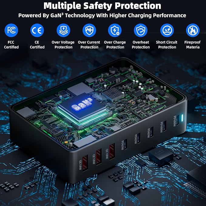 440W Fast Charging 8 Port USB C Charger Block, Multi-Device USB Charging Station Wall Desktop Charger with GaN Ⅲ Technology, USB-C Charger Adapter for MacBook/iPad/iPhone 16/Samsung Galaxy/DELL/HP