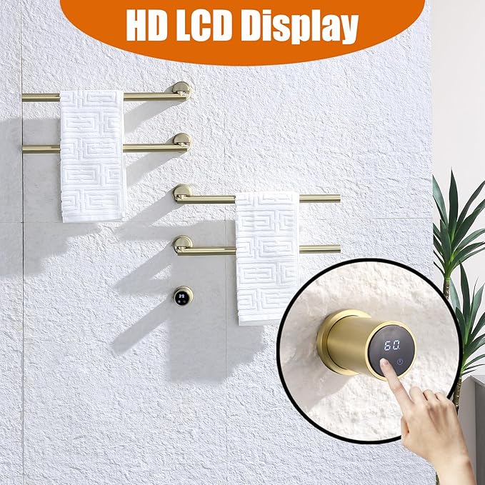 Electric Towel Warmer Concealed Smart, 75W Swivel Heated Towel Rack for Bathroom, Built-in Modular Electric Towel Rack with Timer, Thermostat, LED Display, APP, 4 Bar 180° Rotation, Hardwired, Gold