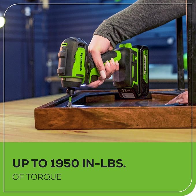 Greenworks 24V Cordless Impact Driver & 2-in-1 Work Light Kit with 2x 2Ah Batteries & Charger – Brushless, Lightweight for DIY, Home Repairs & Outdoor Use