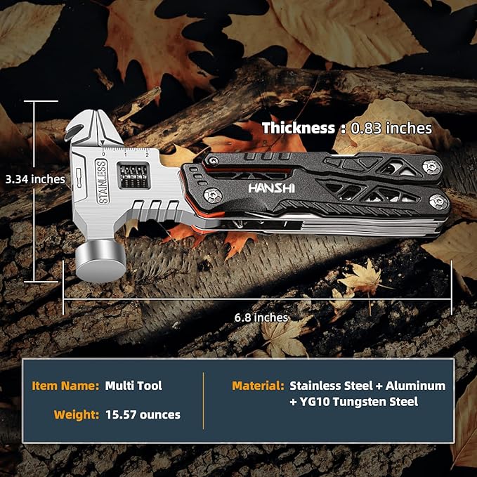 HANSHI Upgraded Adjustable Wrench Multitool Hammer with YG10 Tungsten Steel Replaceable Wire Cutters for Men,18 in 1 Pocket Multi Tool Knife with Spring-Action Pliers for Camping,Survival (Black)