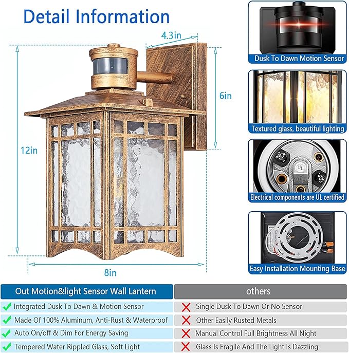 2 Pack Brown Motion Sensor Outdoor Lights Wall Mount - Dusk to Dawn Exterior Light Fixture for Outside House Porch Patio Garage - Waterproof Lantern with Yard Front Motion Detector