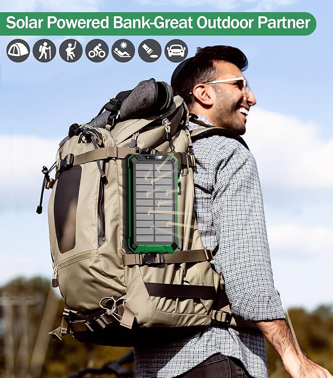 GOODaaa Power Bank Wireless Charger 36000mAh Built in 4 Cables Six Outputs 15W Fast Charging Power Bank for All Mobile Devices Three Inputs Solar Portable Charger with Dual Flashlights, Carabiner