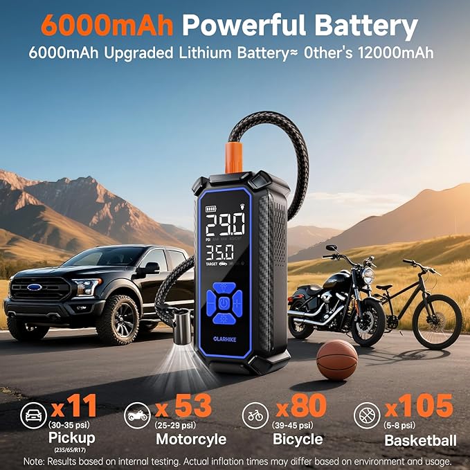 OlarHike Cordless Tire Inflator Portable Air Compressor, Ultra Fast Inflation, Air Pump for Car Tires, Pickup Truck, Motorcycle, Bicycle, Balls, Electric Pump with LED Light & Digital Pressure Gauge