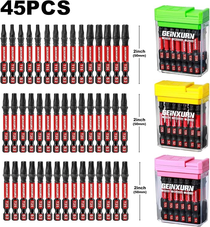 Impact Torx Screwdriver Bits Set,45 Pcs Magnetic (T10/T15/T20/T25/T30) S2 Steel Multi Star Driver Bits with Storage Colorful Box