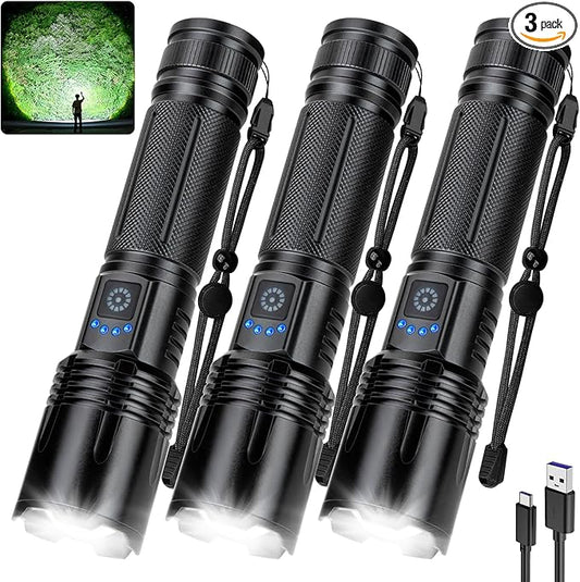 Flashlight Rechargeable 90,000 High Lumens, 3 Pack Led Flash Lights with 5 Modes, Waterproof Handheld Linterna for Camping, Home, Outdoor