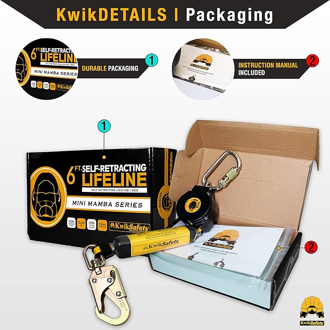 KwikSafety - 6' mini Mamba Self Retracting Lifeline [NO Tangle Web] Class 1 Retractable Safety Lanyard SRL ANSI OSHA
