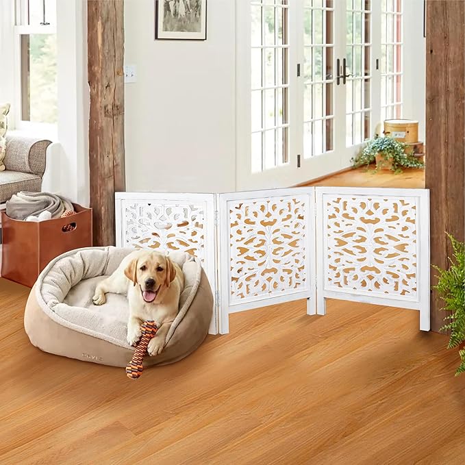 Foldable Wooden Dog Gate for Doorways, 3-Panel Freestanding Indoor Fence, Decorative Extra Wide Barrier for Home,Pet Gate White – Stylish, Portable, No Installation Needed