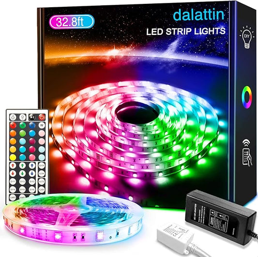 dalattin 32.8ft Led Strip Lights,RGB Led Lights for Bedroom Color Changing Light,Decoration for Bedroom Room Party,Halloween Decor with 44 Keys Remote,1 Roll of 32.8ft
