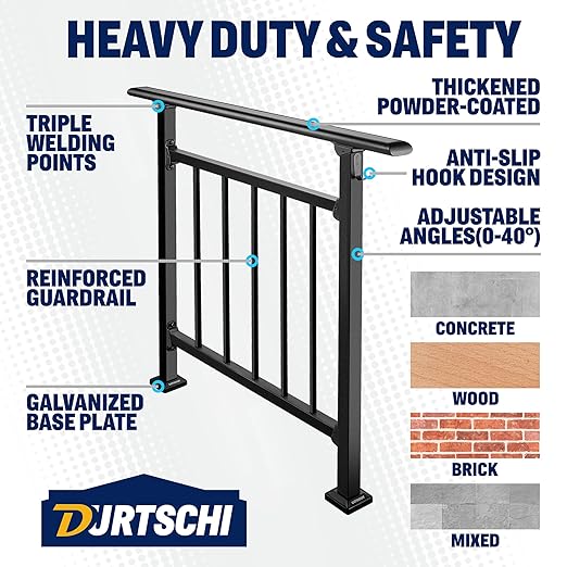 Updated Handrails for Outdoor Steps, 3-4 Steps Wrought Iron Railing, Flexible Exterior Railing for Concrete or Wooden Stairs, Transitional Handrails for Exterior Step With Installation Kit