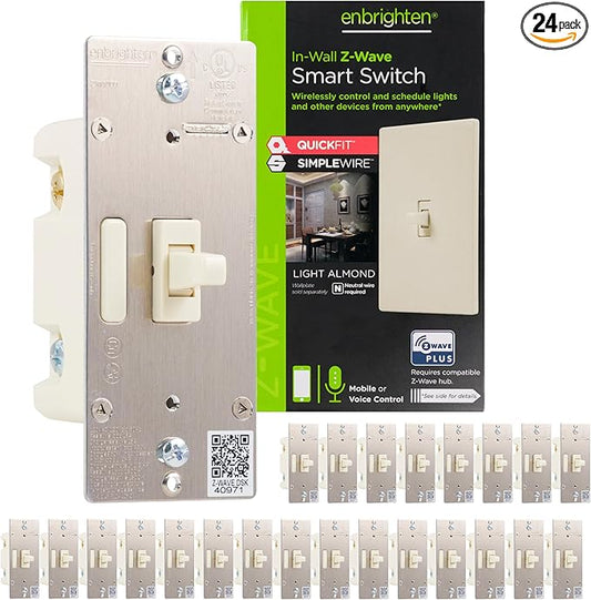 Enbrighten Almond Z-Wave Plus Smart Light Switch with QuickFit and SimpleWire, 3-Way Ready, Compatible with Alexa, Google Assistant, ZWave Hub Required, Repeater/Range Extender, Toggle, 24 Pack, 82686