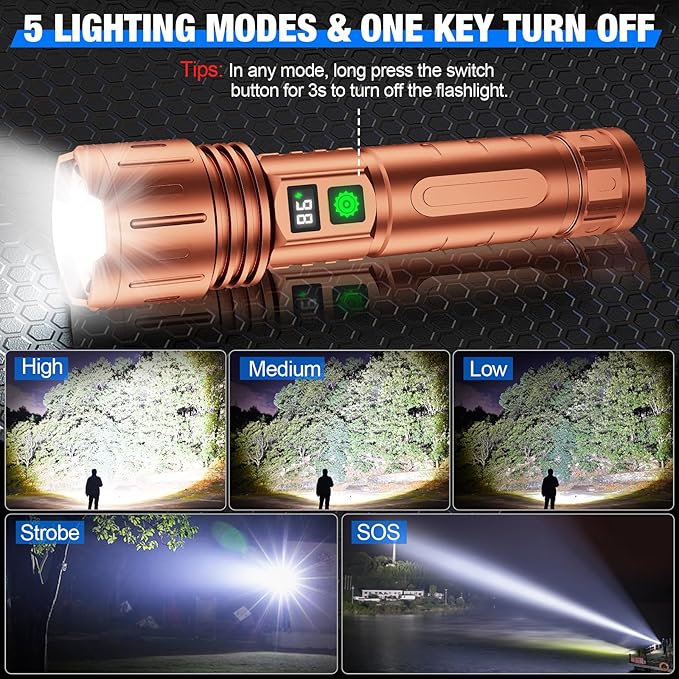 Flashlights High Lumens Rechargeable, Super Bright LED Powerful Flashlight, Type-C, 5 Modes, Zoomable, IPX5 Waterproof High Powered Tactical Flash Light for Emergency Camping,Brown
