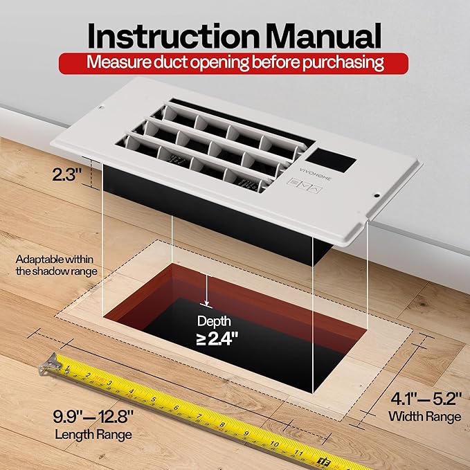 VIVOHOME 4'' x 12'' Opening Register Booster Fan with Adjustable Wind Direction Louver, Smart Intelligent Thermostat & 10-Speed Remote Control - 13.8" x 5.5" Vent Cover for Room, Floor, Wall - White