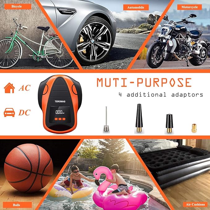 TEROMAS Tire Inflator Portable Air Compressor, Air Pump DC/AC for Car Tires 12V DC and Other Inflatables at Home 110V AC, Digital Electric Tire Pump with Pressure Gauge(Orange)