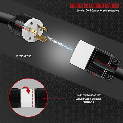 ENERLITES NEMA L6-30P Locking Plug Connector for Generator, Twist Lock Male Plug, 30 Amp, 250 Volt, 2 Pole, 3 Wire Grounding, Industrial Grade Heavy Duty, UL Listed, 66461-BK, Black