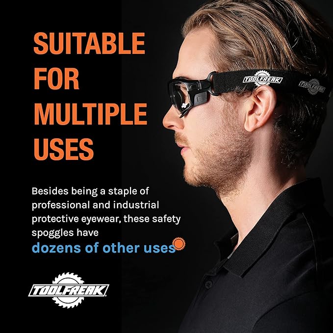 ToolFreak Spoggles - Clear Lens With Hard Case - Safety Glasses & Protective Goggles - Polycarbonate Lens, ANSI Z87 Rated - Foam Padded, Removable Legs, Headstrap, Hard Case & Cloth