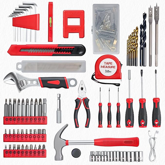 Tool Set - Tool Kit with 8V Cordless Drill, 132 Piece Tool Box with Drill, Home Tool Kits for Men & Women, Hand Drill Set Perfect for Homeowner, Diyer, Handyman - Red