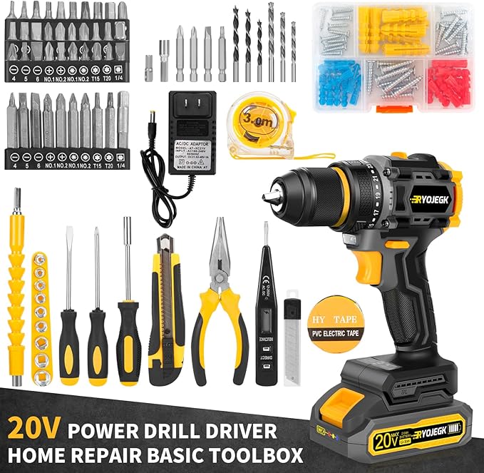 Compact Brushless Power Drill Set,60N.m Cordless Drill Tool Box with 2 Battery & 3/8”Keyless Metal Self-locking Chuck,138Pcs Men Handheld Tool Drills Kit,Taladro Inalámbrico for Home Repair Set