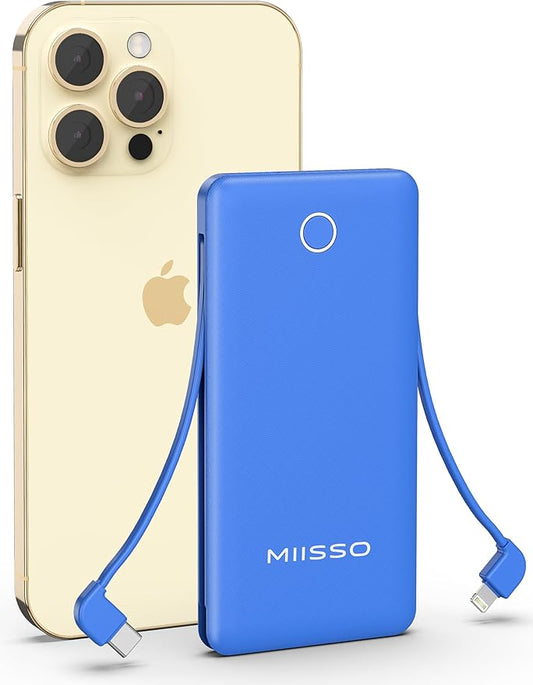 miisso 10000mAh Slim Portable Charger with Built in Cable, Power Bank Travel Charger External Battery Pack for Phone, 4 Output USB Type C Cord Clutch Charger Compatible with iPhone, Deep Blue