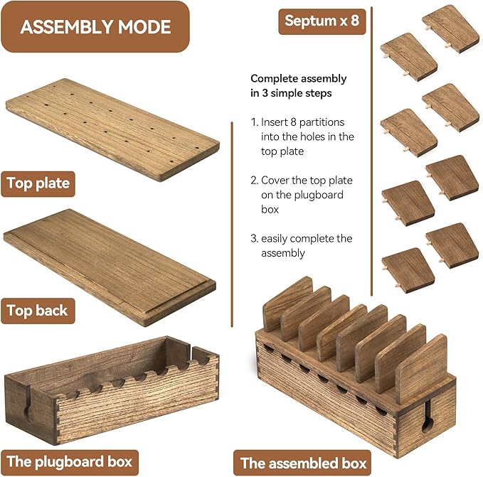 KIRIGEN Charging Station Organizer for Multiple Devices Desktop Organizer Wooden Cable Management with 7 Ports for Cell Phones, Tablets, Earphones GDXH-DBR