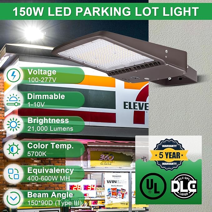 150W LED Parking Lot Light, 5700K 21000LM LED Shoebox Area Light [600W MH/HPS Equiv.], 0-10V Dimmable Outdoor Pole Flood Lights with Yoke Mount, IP65 20KV Surge Protection AC100-277V UL&DLC Listed
