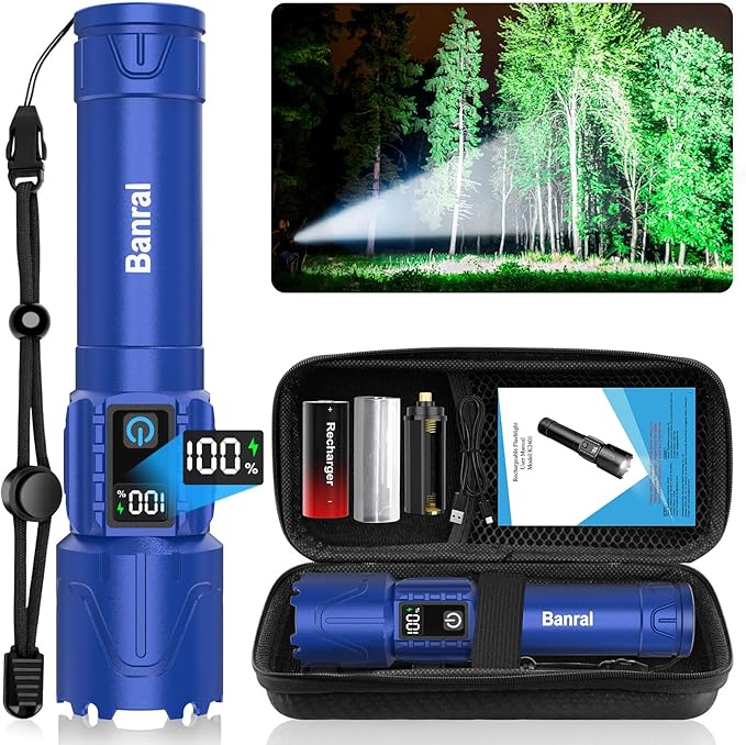 Rechargeable Flashlights High Lumens - Super Bright LED Tactical Flash Light, Powerful Waterproof Handheld USB C Flashlight for Camping,Emergencies,Home,5 Modes,Zoomable (1, Blue)