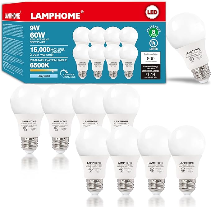8-Pack Cool White LED Bulbs - Energize Bedroom & Living Room Spaces, 60W Equivalent, 6500K,9W, 15000-Hour Life, E26 Base