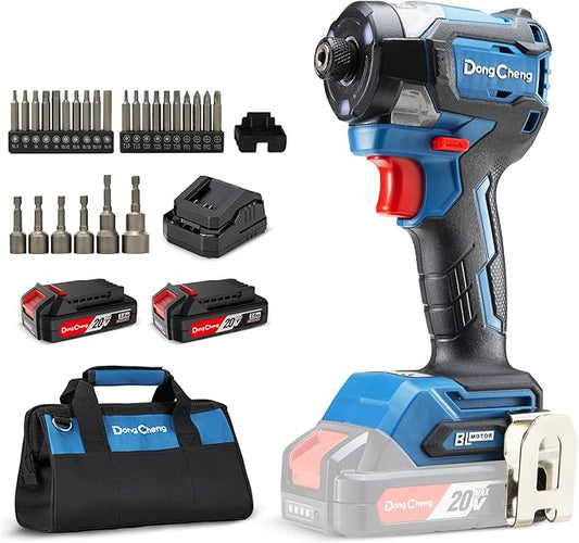 Dong Cheng 20V Brushless Impact Driver, 1840in-lbs Torque, Self-tapping Mode, 3200RPM, 4300IPM, 1/4" Hex Chuck, 3 Speed Modes, with 2 * 2.0Ah Batteries
