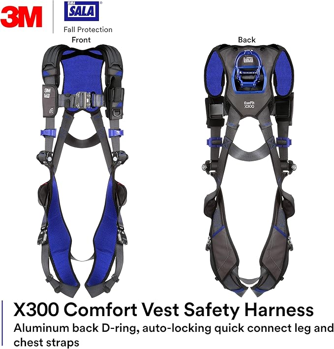3M 1113001 DBI-SALA ExoFit X300 Comfort Vest Safety Harness Fall Protection, OSHA, ANSI, General Industry, Aluminum Back D-Ring, Auto-Locking Quick Connect Leg and Chest Straps, Small
