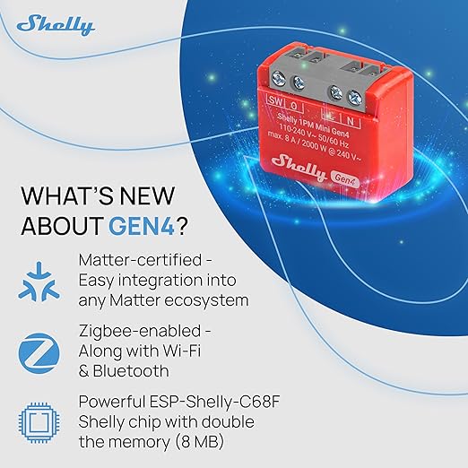 Shelly 1PM Mini Gen4 | Wi-Fi, Zigbee, Matter Smart Relay Switch with Power Metering, 1-Channel 8A | Home Automation | Alexa, SmartThings, Google, Apple HomeKit Compatible | iOS Android App (2 Pack)