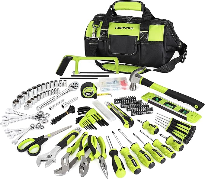 FASTPRO 267-Piece Home Tool Set, Household Repairing Tool Kit with 13-Inch Wide Mouth Open Tool Bag, Mechanics Hand Tool Kit for DIY, Home Maintenance, Green