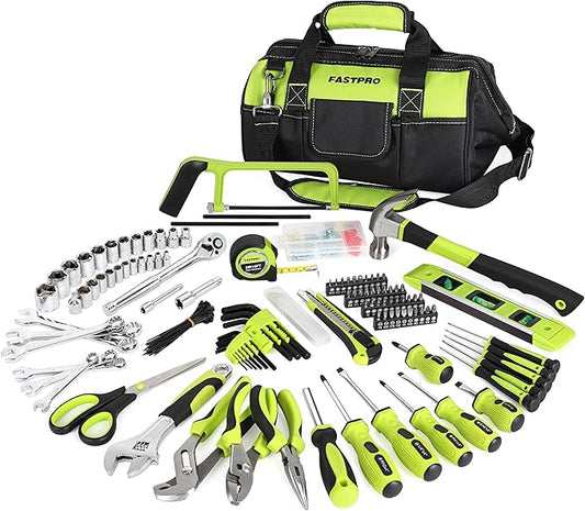 FASTPRO 267-Piece Home Tool Set, Household Repairing Tool Kit with 13-Inch Wide Mouth Open Tool Bag, Mechanics Hand Tool Kit for DIY, Home Maintenance, Green
