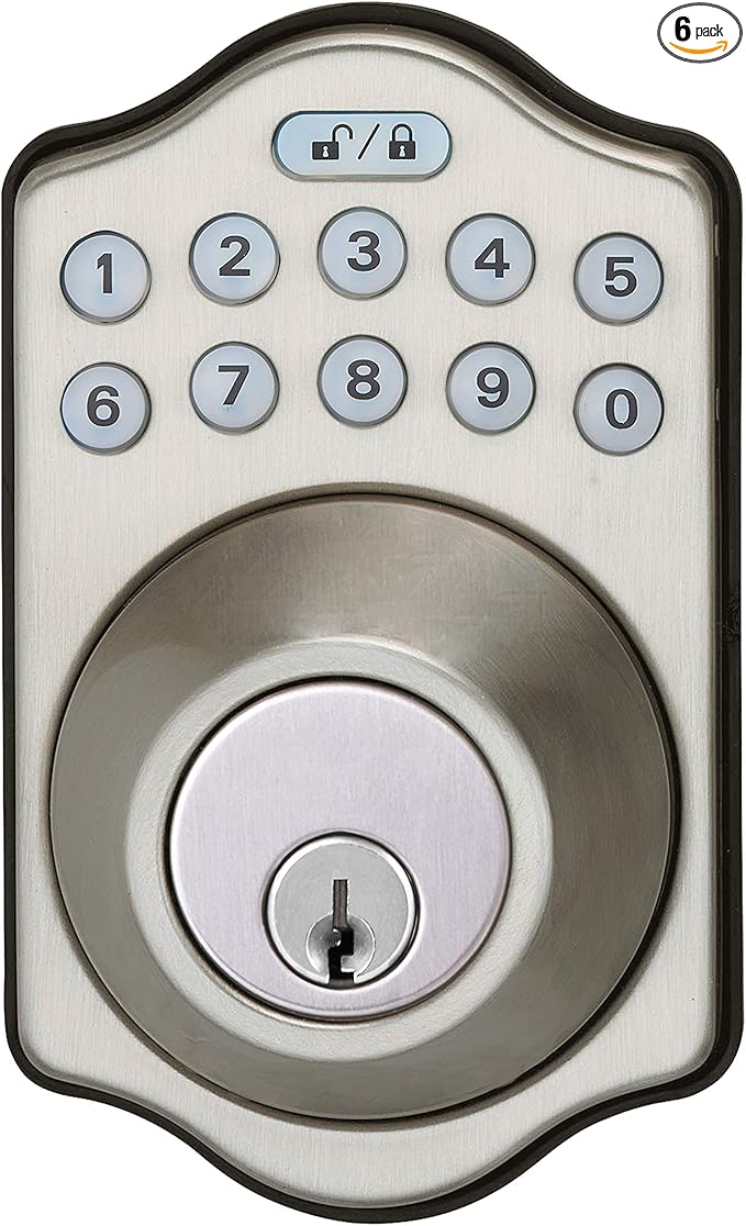 Amazon Basics Electronic Keypad Deadbolt Door Lock with Touch-Control Keyless Entry Door Lock, Keyed Entry Option, Traditional, Satin Nickel, 6-Pack