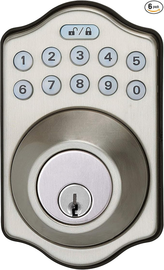 Amazon Basics Electronic Keypad Deadbolt Door Lock with Touch-Control Keyless Entry Door Lock, Keyed Entry Option, Traditional, Satin Nickel, 6-Pack