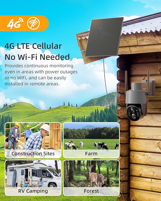 Solar Security Cameras Wireless Outdoor, 4G LTE Cellular Security Cameras for Home Security, 360° PTZ Surveillance Camera with PIR, Color Night Vision, 2-Way Talk, IP66 Waterproof, Work with Alexa