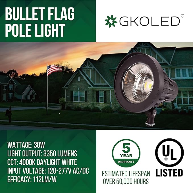 GKOLED 20° Beam Angle 30Watt Bullet/Round LED Spotlight, 120-277V, 4000K Cool White, 3350 Lumens, Outdoor Landscape Flag Pole Light Fixture, UL Listed, Aluminum, Dark Bronze