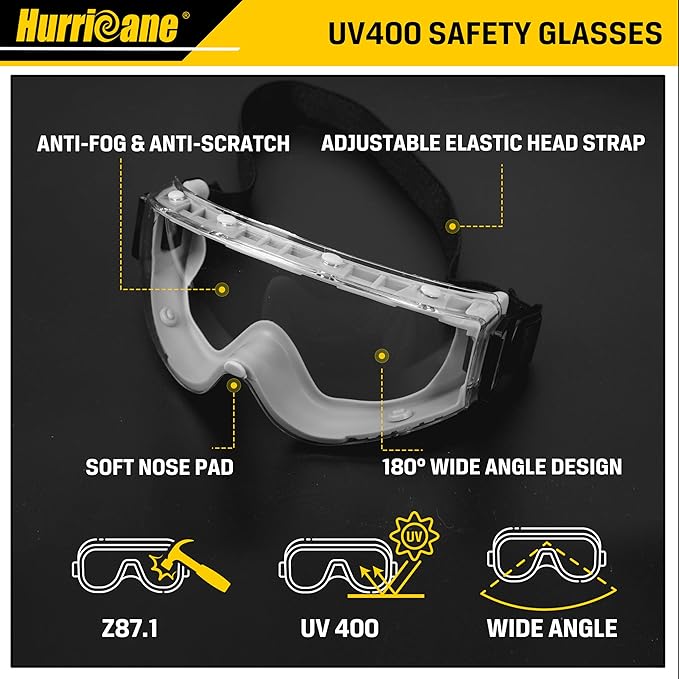 HURRICANE PVC Safety Goggles, UV400 Clear Lenses, Anti-Fog Function, Adjustable Elastic Head Strap